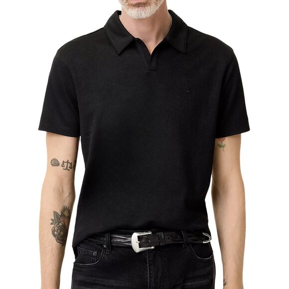 John Varvatos Men's Hauge Peace Sign Jacquard Johnny Collar SS Polo Shirt Black - Picture 1 of 6